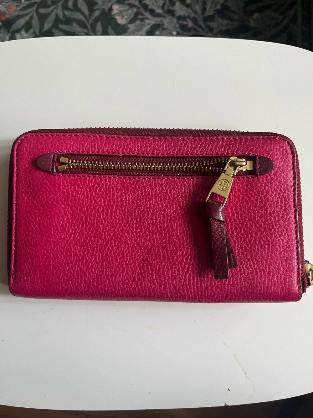 Tory Burch Hot Pink Zip-Around Pebbled Leather Wallet with Logo